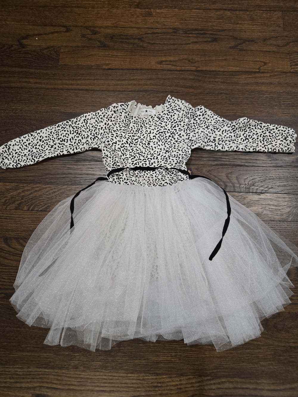 Girls White Leopard Print Tulle Dress with Black Ribbon